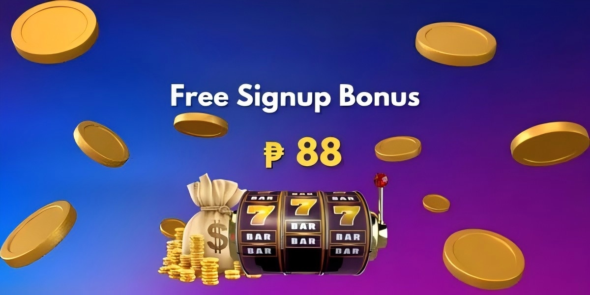 Signup bonus banner showing a free 88 peso welcome offer with gold coins, a money bag and a triple-seven slot machine